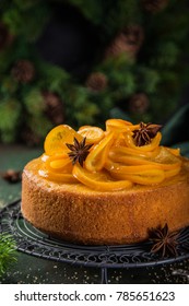 Orange Polenta And Almond  Cake Decorated With Candied Orange Slices, Selective Focus,