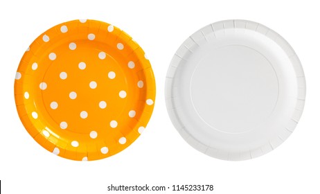 Orange Polka Dot Paper Plate Isolated On White Background. Party Dish Made From Cardboard In Colorful Concept. Front And Back View. ( Clipping Path )