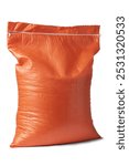 orange polypropylene pp bag or sack full of rice grains isolated white background, blank package mockup template of ingredient cooking or agricultural products, side view