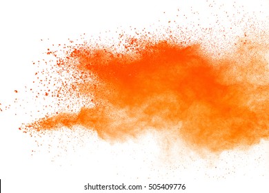 Orange powder explosion on white background. Colored cloud. Colorful dust explode. Paint Holi.