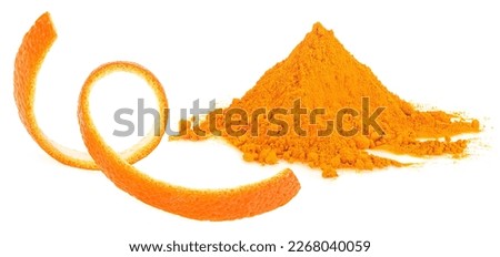 Orange powder with orange fruit peel isolated on a white background