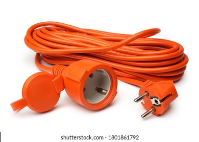 Orange power extension cord on white background