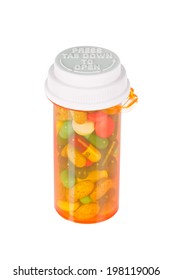 Orange Prescription Bottle With Pills Containing Numerous On White Background.