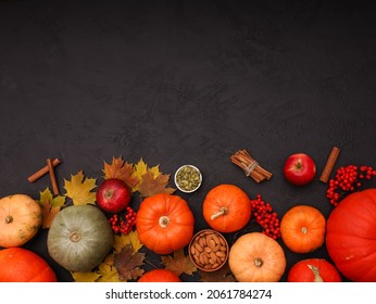 Orange Pumpkins, Yellow Maple Leaves, Nuts, Berries, Fruits, Ripe Apples On Dark Black Table Background. Top View, Copy Space. Autumn Harvest, Fall Holidays, Thanksgiving Day, Seasonal Bounty Concept