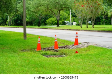 Orange Pylon On Grass Showing Construction