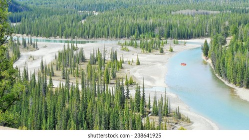 Orange Raft on Athabasca River, Jasper, Alberta, Canada