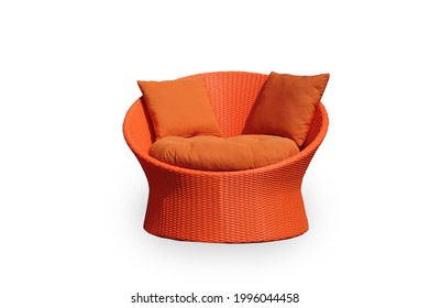 Orange Rattan Sofa With Pillows Isolated On White Background