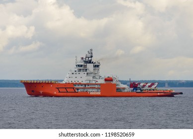 Orange Research Vessel At Sea