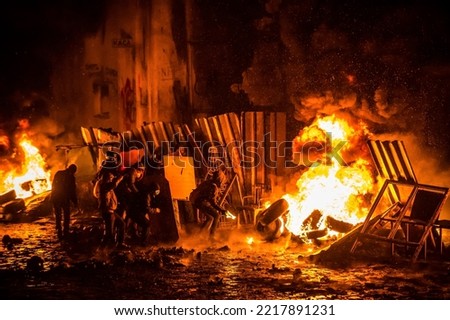 Orange revolution on the Maidan in Kyiv, Ukraine. Street riots and protests. January 2014 Foto stock © 