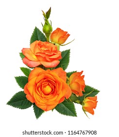 Orange rose flowers in a corner floral arrangement isolated on white
