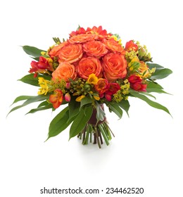 Orange Roses and Freesia flowers bouquet isolated on white.