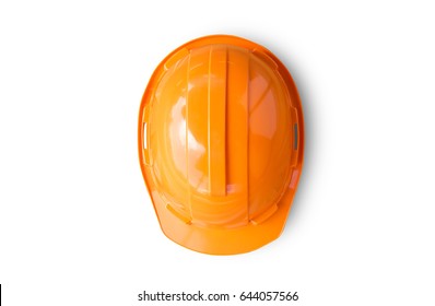 Orange safety engineer helmet on white background. top view for design
