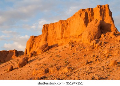 Orange sandstone rocks. Flaming Cliffs (Bayanzag) on Gobi Desert in Mongolia