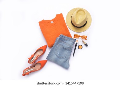 Orange ,shoes, Clothes, Cosmetics And Accessories. Flat Lay,


