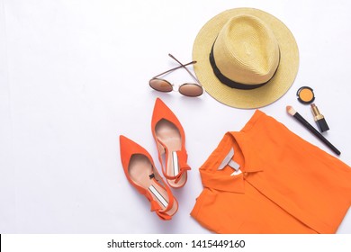 Orange ,shoes, Clothes, Cosmetics And Accessories. Flat Lay,

