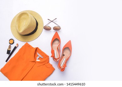 Orange ,shoes, Clothes, Cosmetics And Accessories. Flat Lay,


