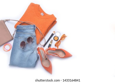 Orange ,shoes, Clothes, Cosmetics And Accessories. Flat Lay,


