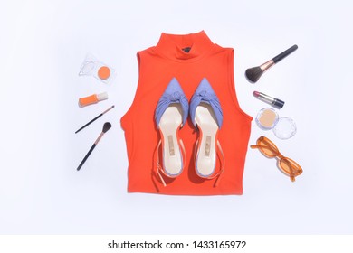 Orange ,shoes, Clothes, Cosmetics And Accessories. Flat Lay,


