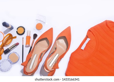 Orange ,shoes, Clothes, Cosmetics And Accessories. Flat Lay,


