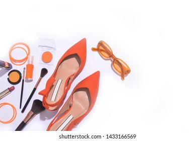 Orange ,shoes, Clothes, Cosmetics And Accessories. Flat Lay,


