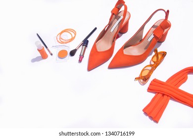 Orange Shoes, Cosmetics And Accessories. Flat Lay,


