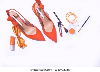 Orange Shoes, Cosmetics And Accessories. Flat Lay,


