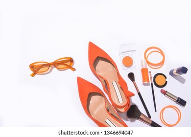 Orange Shoes, Cosmetics And Accessories. Flat Lay,

