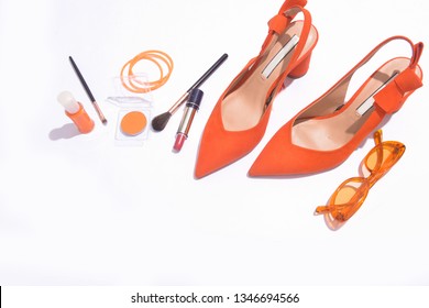 Orange Shoes, Cosmetics And Accessories. Flat Lay,

