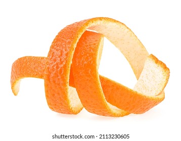 Orange Skin In Spiral Form Isolated On A White Background, Front View. Citrus Zest. Citron.