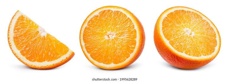Orange slice isolate. Orange fruit half and slice set on white background. With clipping path. Full depth of field. - Shutterstock ID 1995628289