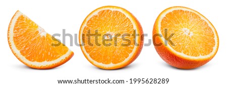 Orange slice isolate. Orange fruit half and slice set on white background. With clipping path. Full depth of field.