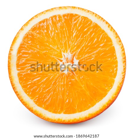 Orange slice isolated. Cut orange slice isolate. Orange fruit slice on white. With clipping path. Perfect not AI orange fruit, true photo.