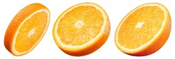 Orange Slice Isolated On White. Orange Round Slices On White Background. Orang Fruit Collection With Clipping Path. Full Depth Of Field.