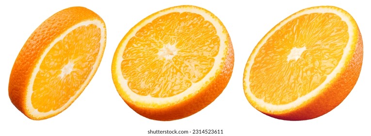 Orange slice isolated on white. Orange round slices on white background. Orang fruit collection with clipping path. Full depth of field.