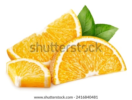 Orange slice with leaves clipping path. Organic fresh orange slice isolated on white. Full depth of field