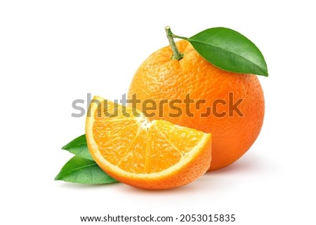 Orange  with sliced and green leaves isolated on white background. 