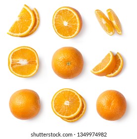 Orange Slices, Whole Orange, Half Of Orange Isolated On White Background. Top View.