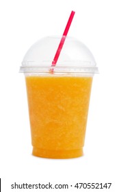 Orange Smoothie In Plastic Transparent Cup Isolated On White Background