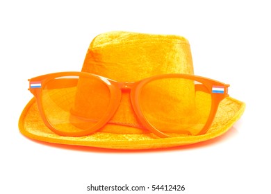 Orange Soccer Accessory: Big Glasses And Hat Over White Background