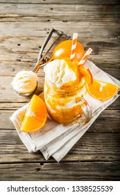 Orange Soda Creamsicle Cocktail. Ice Cream And Orange Smoothie. Dreamsicle Drink. Rustic Wooden Background Copy Space