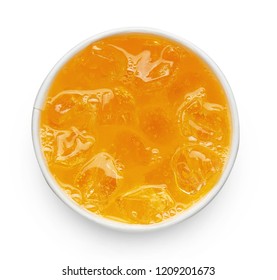 Orange Soda Drink With Ice Cubes In Take Away Cup Top View Isolated On White Background