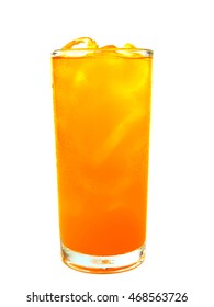 Orange Soda With Ice In Glass Isolated On White Background