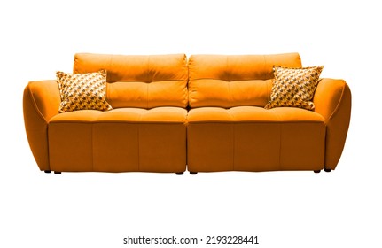 Orange sofa with checkered pillows isolated. Upholstered furniture for living room. Orange couch isolated - Shutterstock ID 2193228441