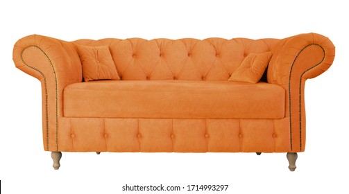 Orange sofa with pillows on wooden legs isolated on white. Orange suede couch isolated - Shutterstock ID 1714993297