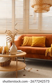 Orange sofa, pumpkins, vase of pampas grass and coffee table in autumn interior of living room
