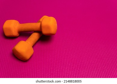 Orange Space Dumbbell Fitness Mat Gym Background Copy Training, Concept Healthy Lifestyle Wellness Workout From Wood And Texture Banner, Weight Isolated. Matt Home Aerobics,