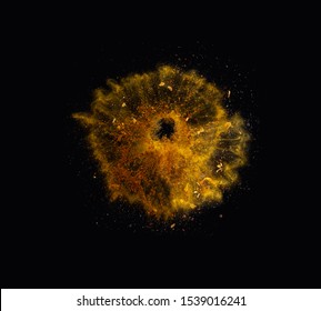 Orange Spices Powder Explosion, Flying Pepper On Black Background. Freeze Motion Photo