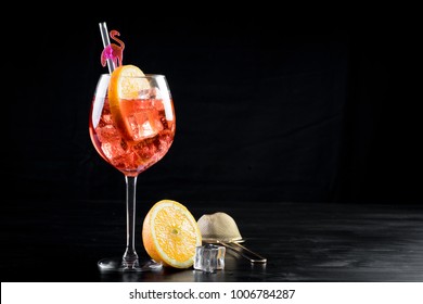 Orange Spritzer Cocktail Fancy Clean Beverage Alcohol Drink Lime Mixed Bartender Black Background Bottle