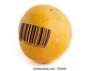 An Orange With A Standard Bar Code, Concept Image For GMO, Or Mass Produced Food.