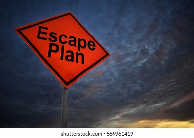 Orange Storm Road Sign Of Escape Plan With Dark Cloud